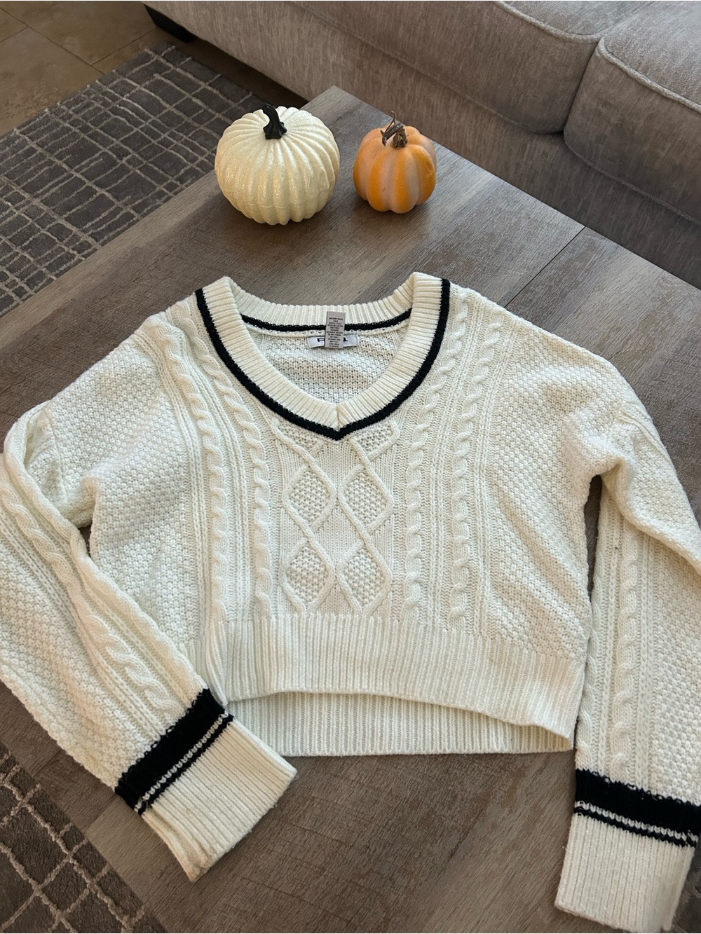 RSQ Cream Cable Knit V-Neck Sweater with Black Trim